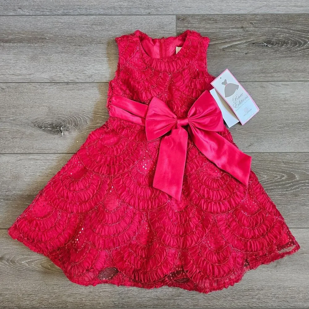 Rare Editions Toddler Girls Dress Red Sequin Bow Holiday Party NWT Sz 4T